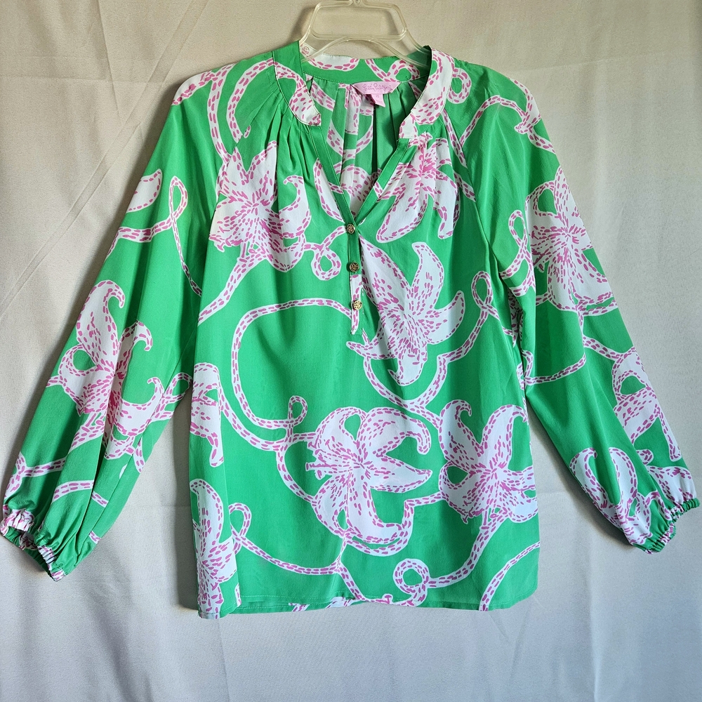 Lilly Pulitzer 100% silk Elsa blouse  green pink twinkle size XS RN#88189